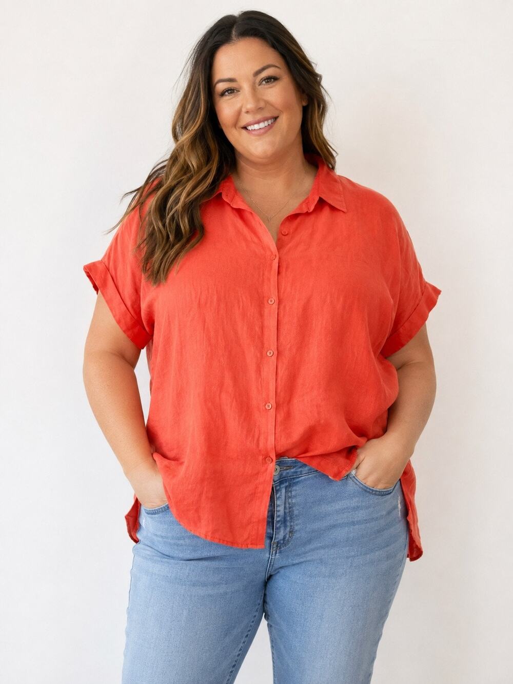 Lauren Ralph Lauren Women's 2X Coral Red Linen Blouse